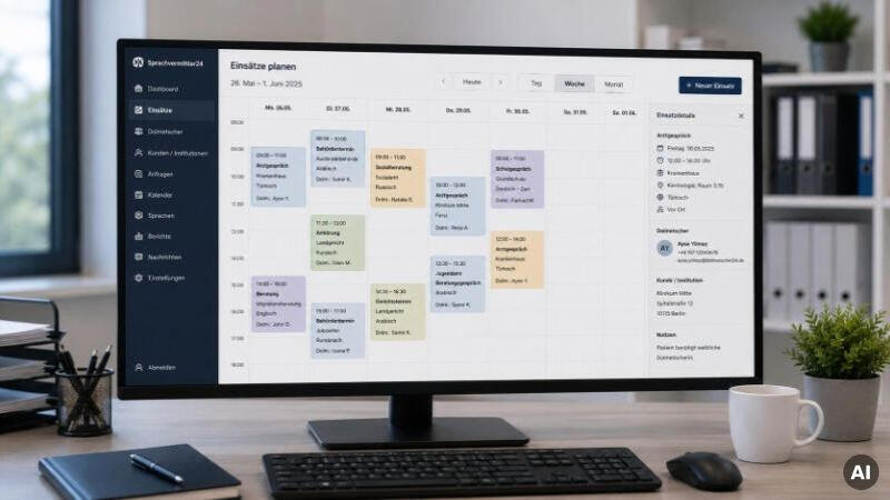 Einsatzkoordination - Modern Büro mit Kalender-UI Einsatzkoordination - Modern Büro mit Kalender-UI - KI-generiert