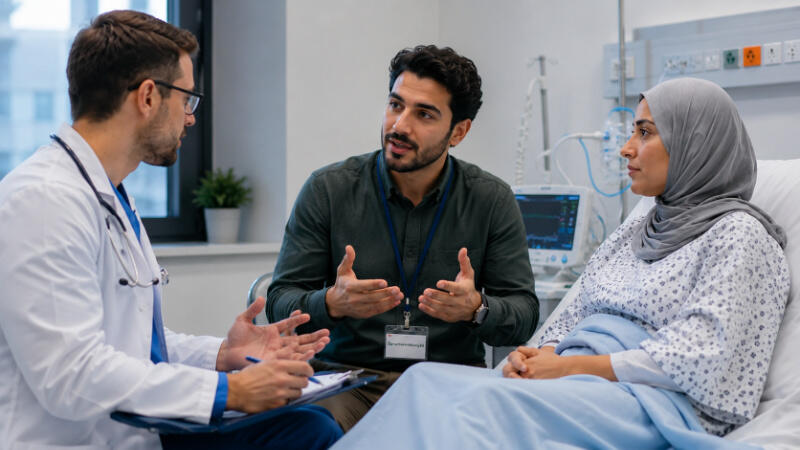Medizinische Sprachvermittlung - Wichtige Besprechung im Krankenhauszimmer Medizinische Sprachvermittlung - Wichtige Besprechung im Krankenhauszimmer