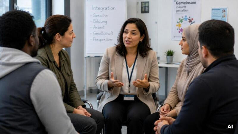 Sprachvermittlung für soziale Einrichtungen - Diskussion in einem modernen Büroraum Sprachvermittlung für soziale Einrichtungen - Diskussion in einem modernen Büroraum - KI-generiert